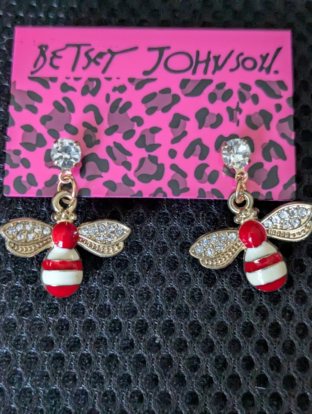 Betsey Johnson Red and White Bee Crystal Drop Earrings